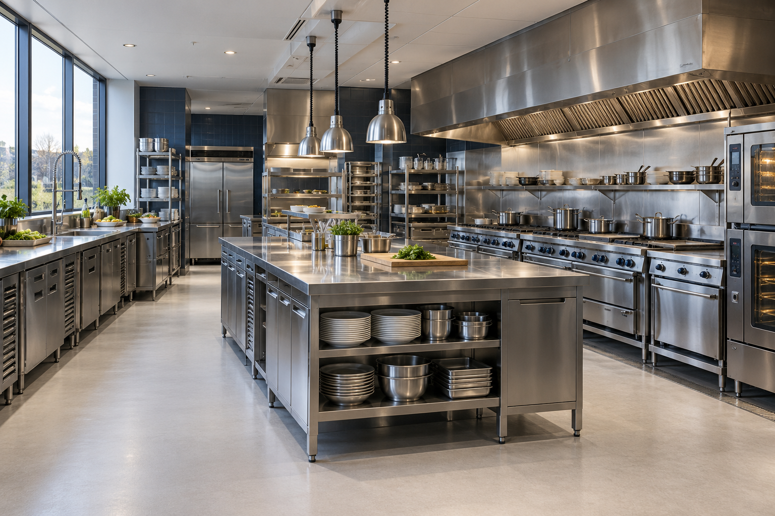Stainless-steel counters and equipment in a professional kitchen